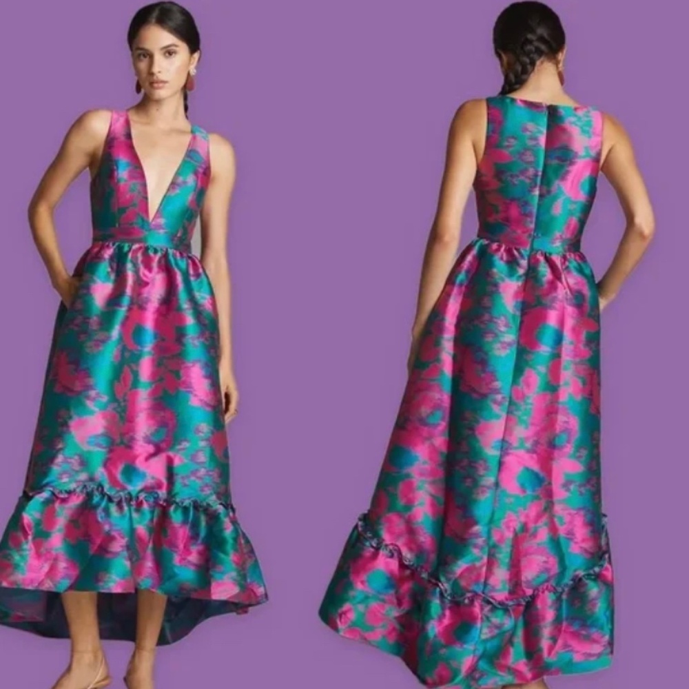 Anthropologie Hutch Pink & Teal Brocade Party Dress